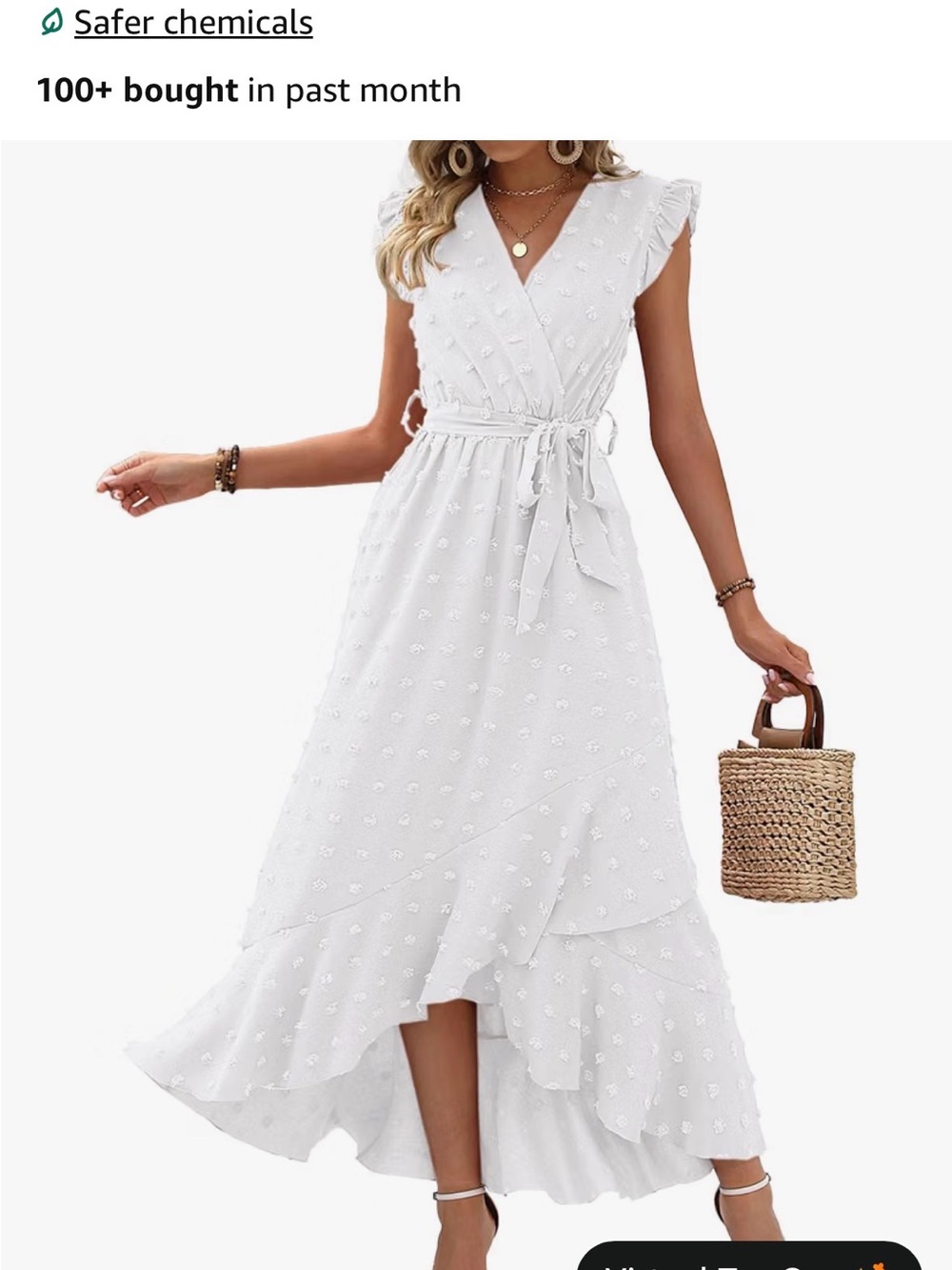Amazon White Embroidered Ruffle Wrap Maxi Dress